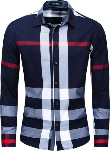Vista 8 de Camisas Fredd Marshall para hombre, manga larga, ajustadas, 100% algodón a cuadros Negro