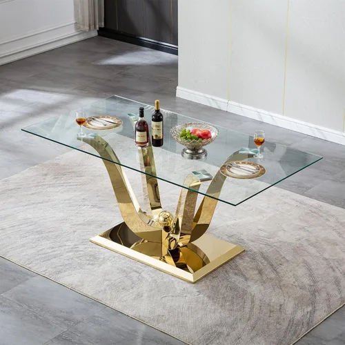 Vista 3 de SSLine Mesa de comedor de cristal dorado de 70 pulgadas para 4-6, base de Mesa de oro floral