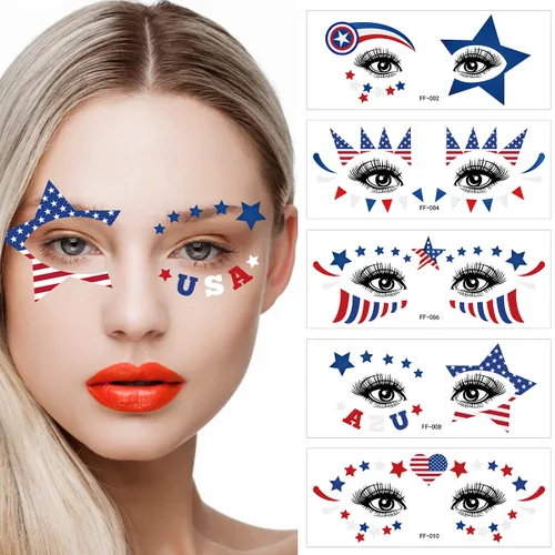 Vista 2 de Decoraciones del 4 de julio, tatuajes de ojos para la cara, bandera de Estados Unidos, estrella, tatuajes temporales, Día de la Independencia