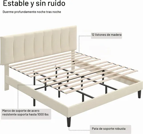 Vista 6 de VECELO Base de cama tamaño King con cabecera tapizada, color beige