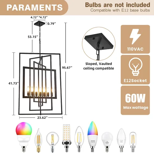 Vista 3 de Candelabro de granja negro, accesorios de luz colgante de farol de 7 luces, accesorios de iluminación de vestíbulo industrial rústico, candelabros