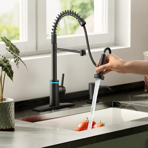Vista 4 de Grifo de cocina táctil, rociador desplegable de 3 modos, sensor activado, válvula de cerámica, control de temperatura LED, rotación de 360 grados
