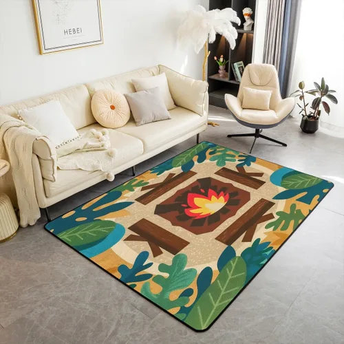 Vista 8 de Alfombra de fogata de 3 x 5 pies, decoración de tocones de árbol de bosque para niñas, mujeres, hombres y adolescentes, alfombra de madera marrón