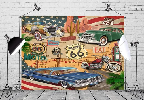 Vista 2 de BELECO Telón de fondo de fotografía con temática Route 66, tela de 5 x 3 pies, diseño retro de mapa de carretera, motel, motocicleta, autos, Arizona