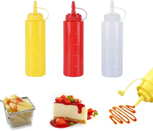 Vista 19 de Botellas de plástico de 3 colores de 12 onzas, botellas para apretar condimentos, botella multiusos para salsa de tomate, aceite, mermelada, salsa