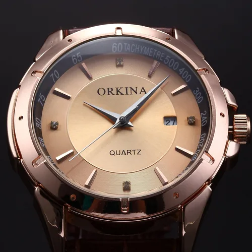 Vista 5 de ORKINA Reloj deportivo de lujo oro tono redondo fecha marrón banda de cuero hombres reloj deportivo ORK083, Oro, Reloj de cuarzo