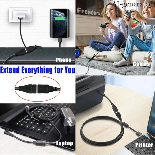 Vista 4 de Cable de extensión USB de 3 pies, paquete de 5 unidades, USB A 2.0 macho a hembra, para impresora, mouse, teclado, velocidad de transferencia de 480