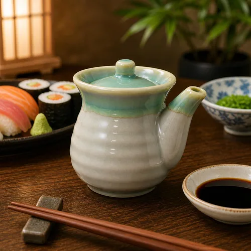 Vista 6 de Dispensador de botellas de salsa de soja japonesa, 1 paquete, olla de cerámica Shoyu con tapa, servidor de salsa de soja tradicional estilo Tenmoku