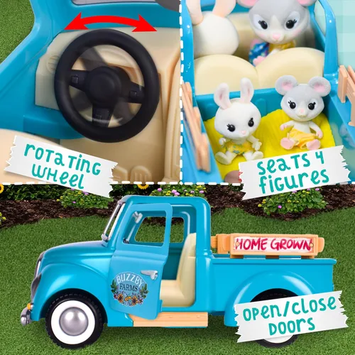 Vista 4 de Honey Bee Acres Buzzby Camión de Granja Vehículo con Figura de Muñeca en Miniatura, 10 Piezas, Edades 3+