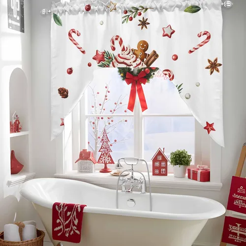 Vista 5 de Feliz Navidad, cenefa con cenefa con dobladillo para barra, paneles de cortina para dormitorio, sala de estar, baño, cafetería, ventanas, flores