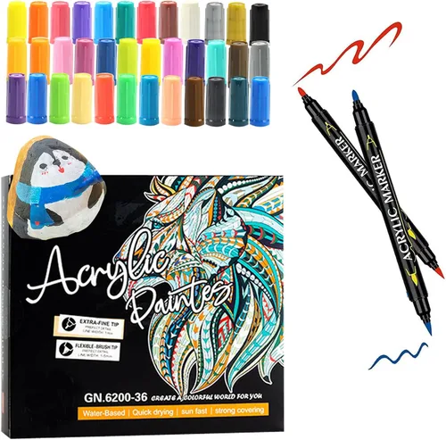 Vista 8 de 24 bolígrafos de pintura acrílica de doble punta con punta de pincel y marcador de pintura de punta fina GN6800 a base de agua para pintura