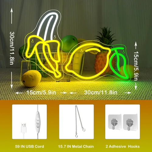 Vista 4 de Juego de 2 letreros de neón de plátano y limón (1 luz de plátano + 1 luz de limón) Luces de neón de frutas para decoración de pared, habitación