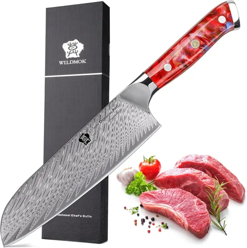 Vista 9 de WILDMOK Cuchillo Santoku, cuchillo de cocina japonés forjado de damasco de 7 pulgadas, cuchillo de cortar profesional, diseño de mango afilado