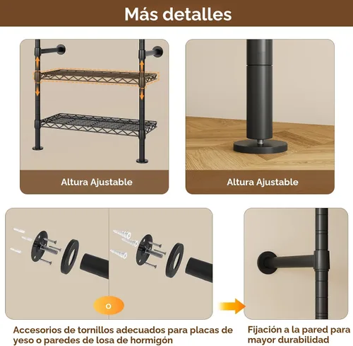 Vista 8 de ONBRILL H4 Sistema de Clóset Montado en Pared, Perchero de Tubería Industrial Expandible para Colgar Ropa, Organizadores de Clóset y Almacenamiento