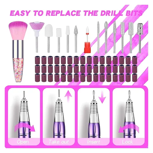 Vista 5 de Lima de uñas eléctrica, 35000 rpm, máquina de manicura, recargable, potente lima de uñas eléctrica, motor profesional para esmalte de gel arcílico