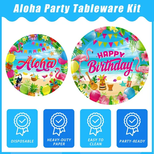Vista 3 de Kepeel 96 piezas de suministros de decoración de fiesta hawaiana Aloha, platos de fiesta de cumpleaños tropicales Luau Tropical para verano, playa