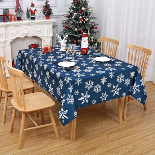Vista 3 de CAROMIO Mantel navideño rectangular de 60 x 120 pulgadas, diseño de copos de nieve azules, decoración de Navidad para exteriores, para cena