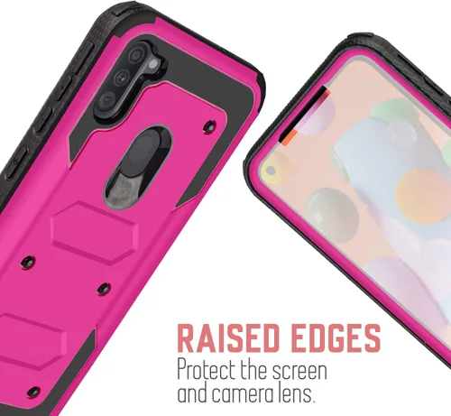 Vista 4 de Funda resistente para Samsung Galaxy A11 con clip giratorio para cinturón, función atril de doble capa con protector de pantalla integrado, carcasa