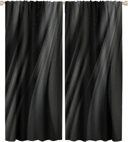 Vista 138 de Cortinas Negras con Dobladillo Dorado, Cortinas Opacas con Bolsillo para Barra con Estampado de Rayas de Foil en Onda Dorada para Decoración de Negro