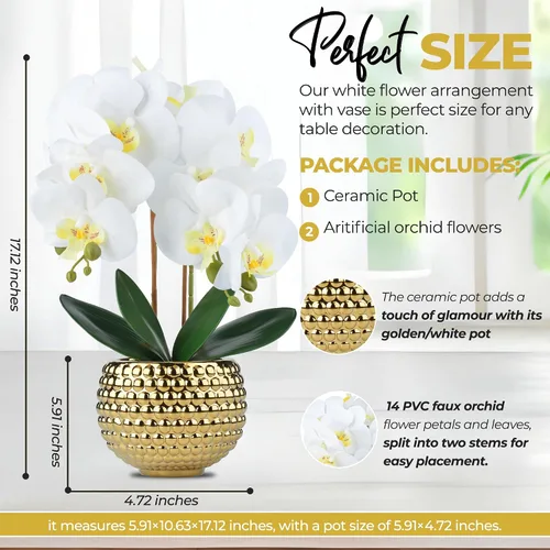 Vista 2 de Orquídeas artificiales grandes, orquídeas artificiales blancas de 17 pulgadas con maceta dorada para decoración de sala de estar, planta de orquídea