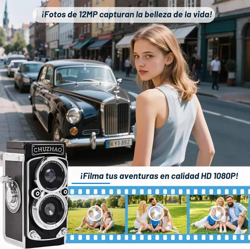 Vista 3 de Redcomets Mini cámara digital retro – Estilo vintage TLR apuntar y disparar cámara de vlogging de enfoque automático, compacta y portátil, tarjeta
