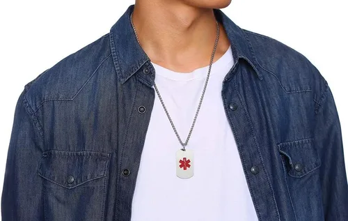 Vista 55 de VNOX Collar con colgante personalizado de acero inoxidable con grabado personalizado para identificación de alerta médica de emergencia para hombres