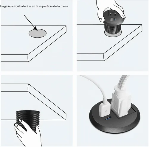 Vista 6 de Ojal de alimentación de escritorio, 2 pulgadas, estación de carga rápida USB C PD de 20 W, salida de alimentación empotrada con orificio
