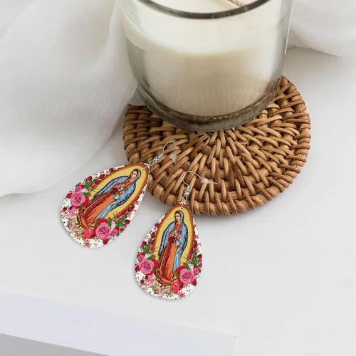 Vista 4 de 1 par de pendientes Virgen de Guadalupe de cuero para mujer cristiana católica virgen maría rosa rosa, Cuero, No es una piedra preciosa