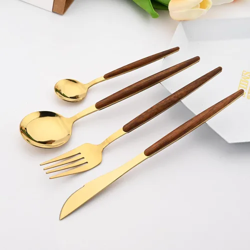 Vista 3 de Juego de cubiertos de 24 piezas de mango de madera, juego de cubiertos de acero inoxidable de madera, cuchillo de cena, tenedor, cucharadita