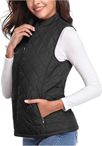 Vista 8 de Chaleco acolchado para mujer, con cuello alto, ligero, con cremallera, sin mangas, chaquetas de plumón de invierno, chalecos cálidos, ropa de abrigo