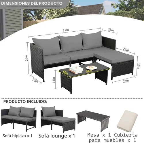 Vista 4 de Valita Juego de muebles de ratán PE para exteriores, 3 piezas, para patio, sofá biplaza de conversación de mimbre negro, sofá seccional, cojín gris