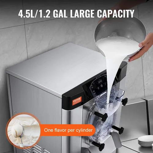 Vista 3 de VEVOR Máquina Comercial para Hacer Helados, Rendimiento de 12 L/H, 1713W Máquina para Helados Duros de Un Solo Sabor de Encimera, Cilindro de Acero