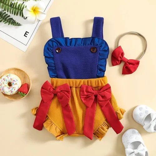 Vista 6 de Tempura Disfraz de Halloween para bebé niña, mameluco de manga voladora con bloque de color de princesa con lazo