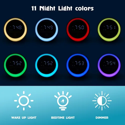 Vista 3 de Reloj despertador para niños, Ok to Wake Clock con luces nocturnas, temporizador de siesta, reloj de entrenamiento del sueño para niños pequeños