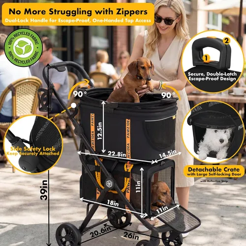 Vista 3 de PAWZIDEA Carriola doble para mascotas con 2 portamascotas desmontables, jaula portátil para perros para viajes en automóvil y porta gatos expandible