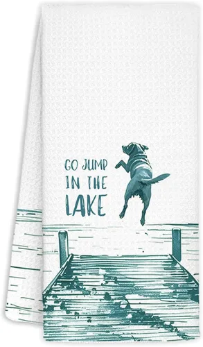 Vista 13 de Toallas de cocina azules con decoración de casa del lago, regalos para casa del lago, toallas de cocina divertidas con temática de perro del lago