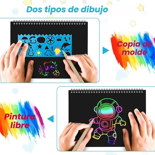 Vista 4 de Paquete de 2 juegos de arte de papel para rascar: cuadernos, suministros de Negro profundo