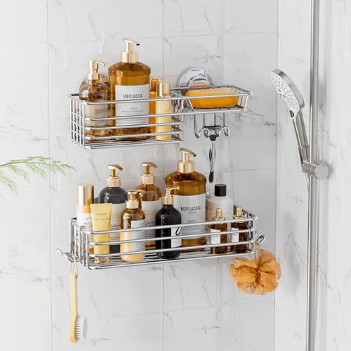 Vista 14 de LEVERLOC Organizador de ducha con ventosa, estante de baño negro con gancho y soporte para jabón, organizador de baño sin taladro