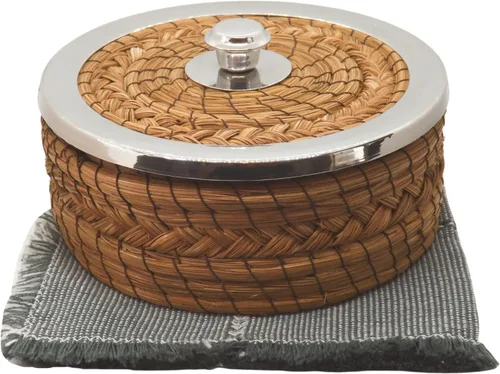 Vista 7 de Auténtica cesta calentadora de tortillas mexicanas - Aguja de pino tejida a mano con tela tejida a mano (borde de metal de 7 pulgadas con tela)