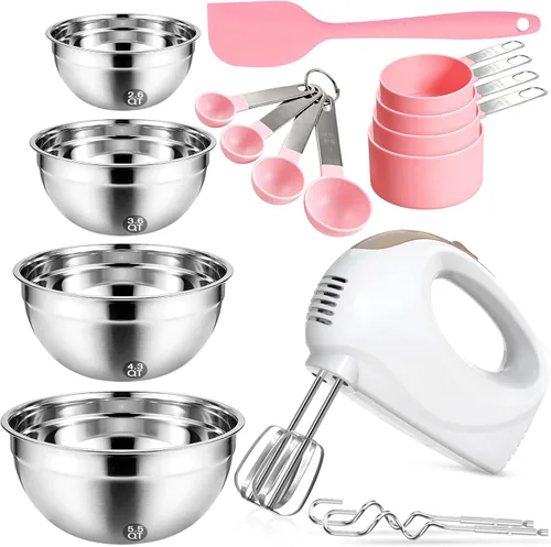 Vista 10 de Batidora de mano eléctrica portátil de 5 velocidades - Mezclador de cocina con 5 accesorios de acero inoxidable, batidor y batidor de alimentos