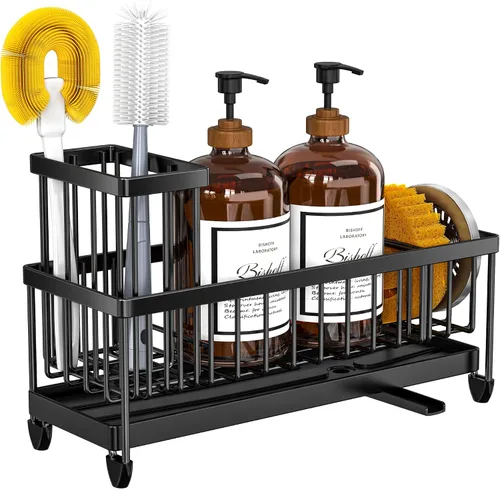 Vista 8 de Cisily Soporte de esponja negro extra grande para fregadero de cocina, organizador de fregadero con soporte alto para cepillos, organizadores