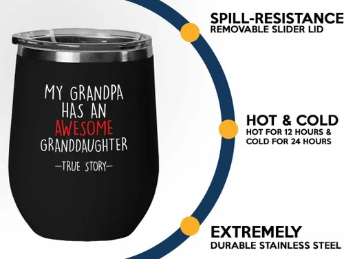 Vista 3 de Vaso de vino Grandpa Black Edition de 12 onzas – Grandkids True Story – Family Squad Fam regalo de agradecimiento para hermanos, padres, abuelos