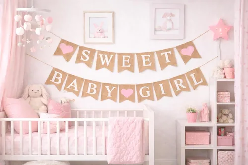 Vista 7 de Cartel de arpillera "Sweet Baby Girl" – Rústico "Dulce" y "Baby Girl" en banderas de arpillera natural (aprox. 5 x 7 pulgadas) Decoración de fiesta