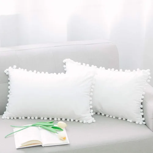 Vista 13 de Juego de 2 fundas para cojines decorativos de terciopelo sólido suave con borde de pompones