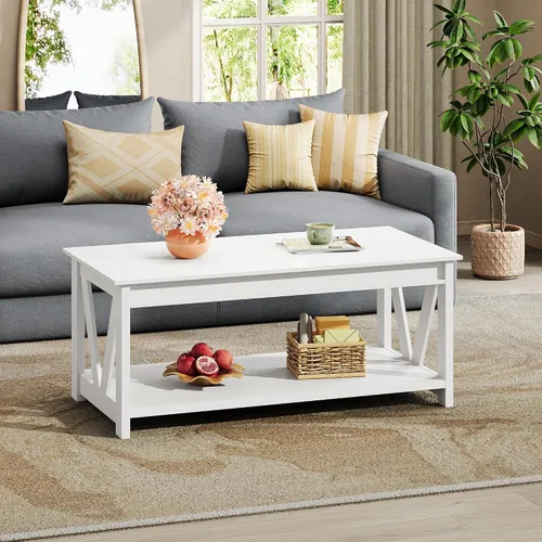 Vista 2 de WLIVE - Mesa de café con estante de almacenamiento, mesa de café granja de 39.4" con soporte en V, mesa de centro rústica de 2 niveles para sala