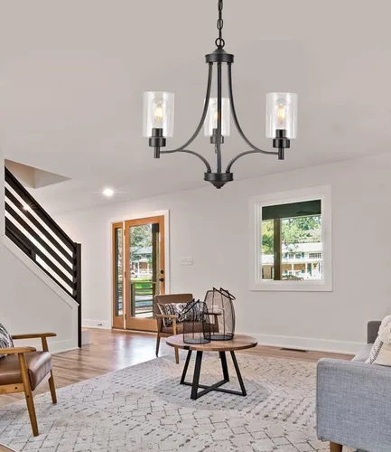 Vista 4 de BOZO Candelabro negro de 3 luces para comedor sobre mesa, lámpara de entrada para vestíbulo, accesorios de iluminación de pasillo con pantalla
