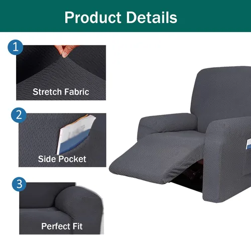 Vista 3 de Funda elástica de jacquard para sofá reclinable de 4 piezas, funda para sofá reclinable de elastano suave, funda elástica para sillón reclinable
