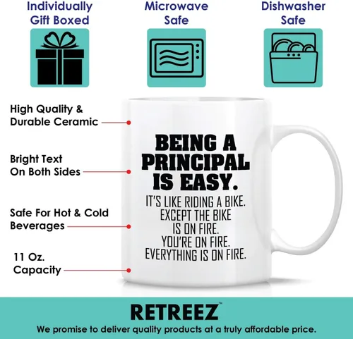 Vista 3 de Retreez Taza divertida – Being a Principal is Easy Except the Bike is on Fire Taza de café de cerámica de 11 onzas – Divertido, sarcástico, regalos