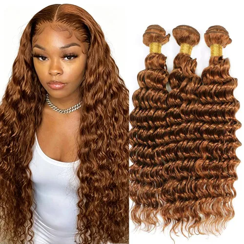 Vista 29 de P4613 Cabello humano rizado onda profunda marrón y paquetes mixtos 8 10 12 P4613 Ombre Marrón-Rubio-DP