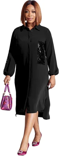 Vista 2 de Ekaliy Vestido camisero para mujer, cuello en V, manga larga, holgado, casual, con botones